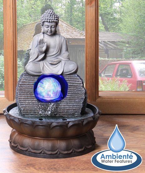 Tischbrunnen "Buddha" mit drehender Kugel und Beleuchtung